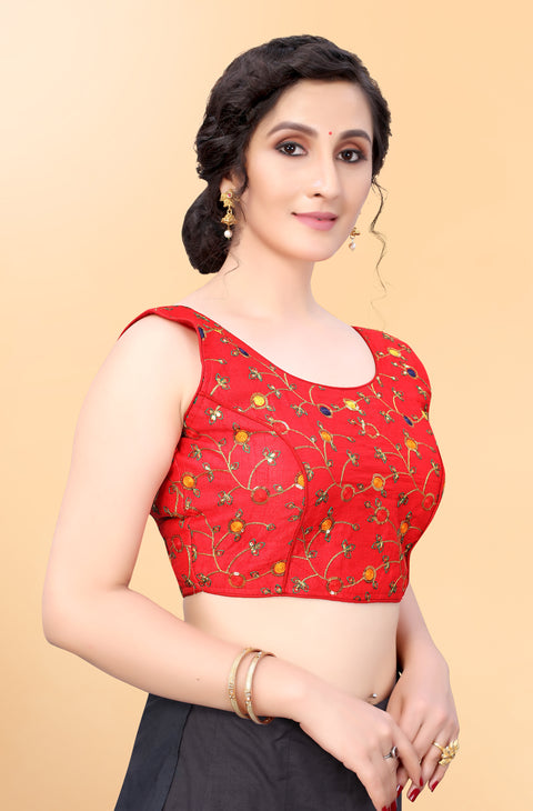 Designer Red Color Embroidery Blouse in Silk (Design 876)