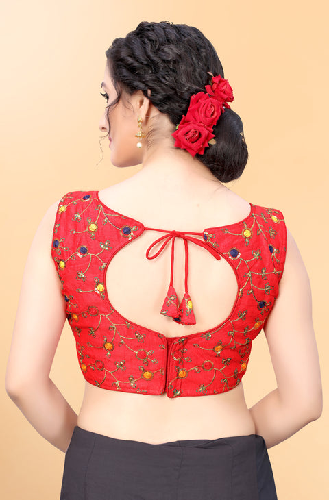 Designer Red Color Embroidery Blouse in Silk (Design 876)