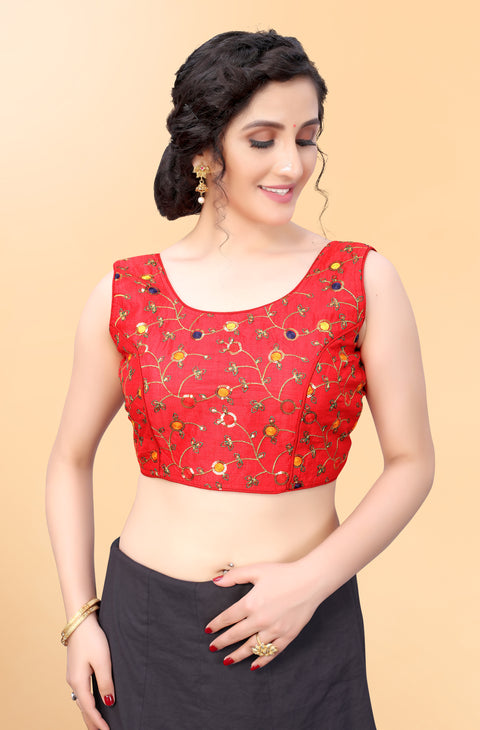 Designer Red Color Embroidery Blouse in Silk (Design 876)