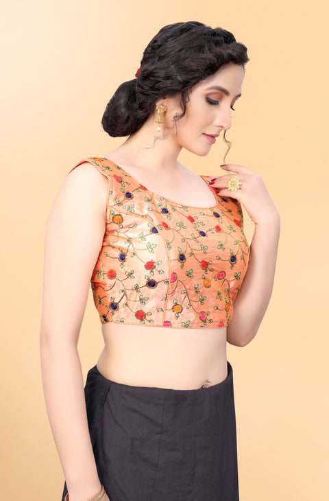 Designer Peach Color Embroidery Blouse in Silk (Design 874)