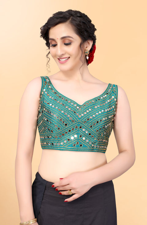 Designer Teal Green Color Embroidery & Mirror Work Blouse in Silk (Design 833)