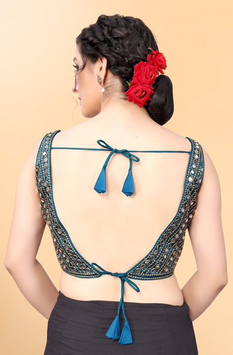 Designer Blue Color Embroidery & Mirror Work Blouse in Silk (Design 835)
