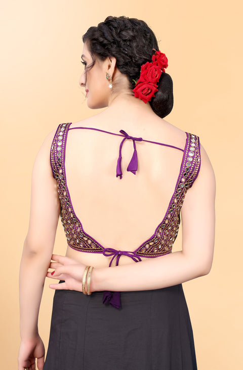 Designer Purple Color Embroidery & Mirror Work Blouse in Silk (Design 831)