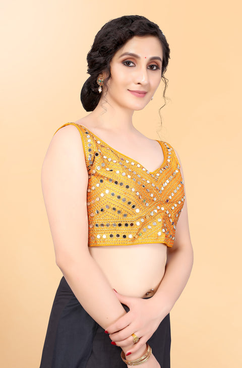 Designer Yellow Color Embroidery & Mirror Work Blouse in Silk (Design 837)