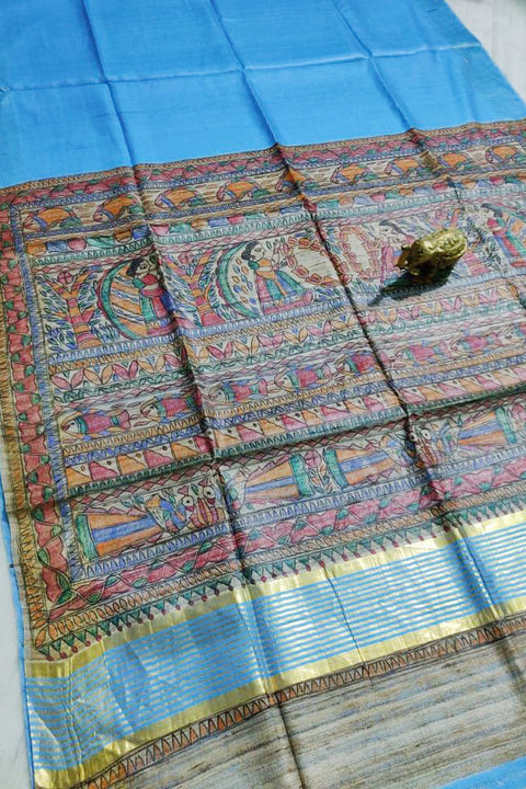 Silk Mark Certified Pure Handloom Tussar Ghicha Silk Saree In SKY BLUE Color - PAAIE