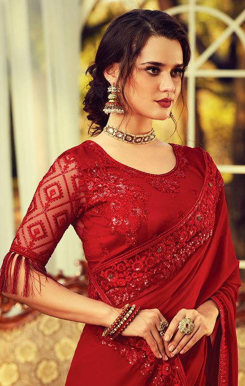 Designer Maroon Silk Georgette Saree with Sequins Embroidery & Handwork Butta Work