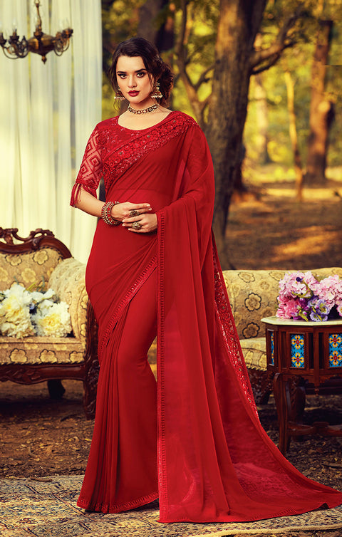 Designer Maroon Silk Georgette Saree with Sequins Embroidery & Handwork Butta Work