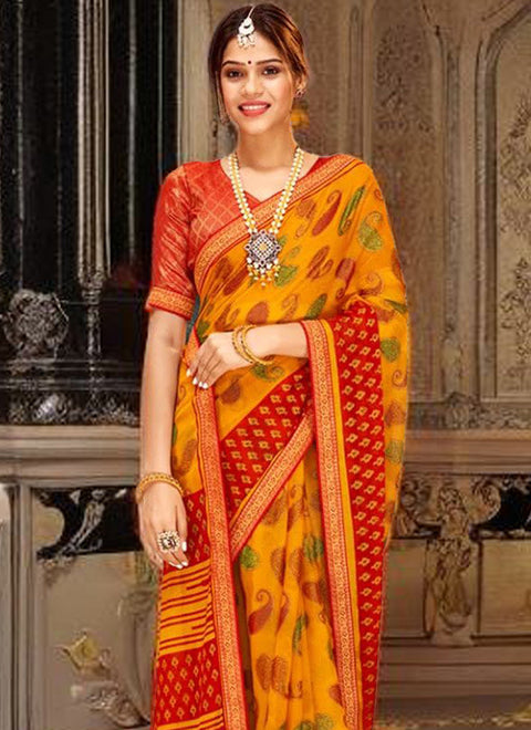 Designer Yellow/Red Chiffon Printed Saree for Casual Wear (D466)