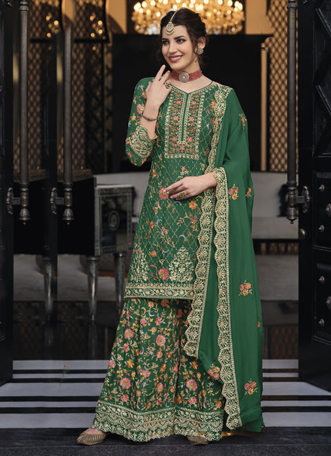 Designer Green Color Suit with Sharara & Dupatta in Georgette (D807)