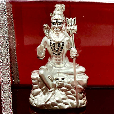 999 Pure Silver Shiva sitting on the Rock Idol in Rectangular Base - PAAIE