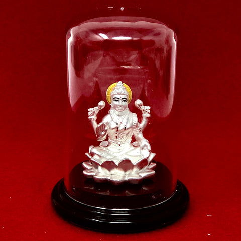 999 Pure Silver Small Circular Lakshmi Idol with Yellow Headrest in Circular Base - PAAIE