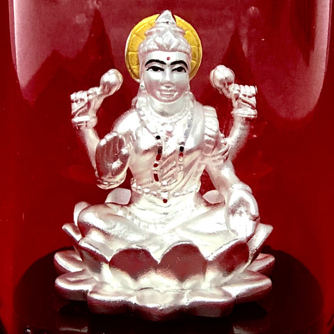 999 Pure Silver Small Circular Lakshmi Idol with Yellow Headrest in Circular Base - PAAIE