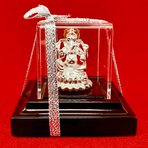 999 Pure Silver Rectangular Ganesha Idol with Orange Headrest - PAAIE