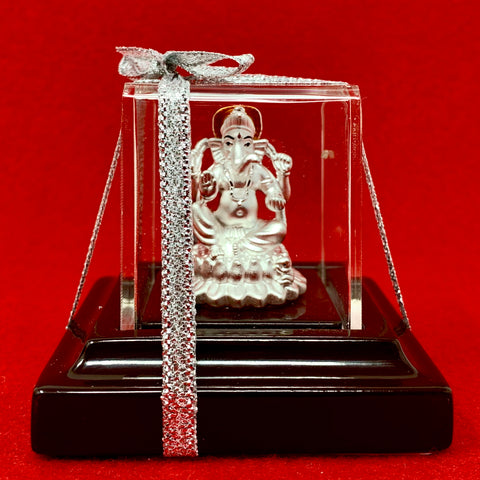 999 Pure Silver Rectangular Ganesha Idol with Red Headrest - PAAIE
