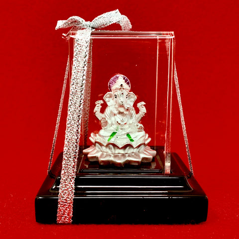 999 Pure Silver Rectangular Ganesha Idol with Purple Headrest - PAAIE