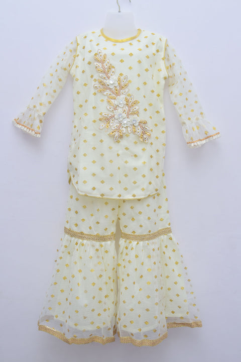 Girls' White Kurti and Sharara with Embroidery Work - PAAIE