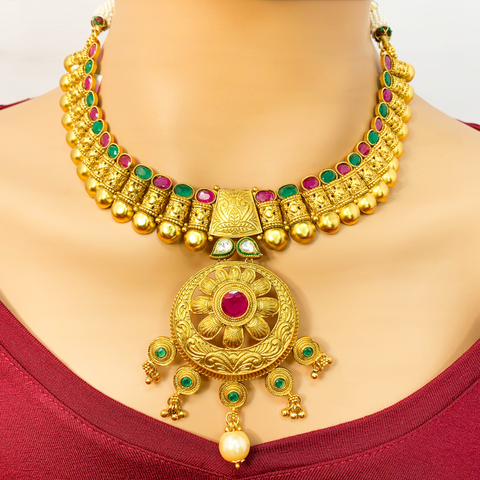 Gold Plated Semi-Precious Ruby and Emerald Kundan Set - PAAIE