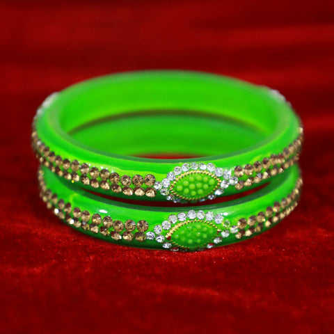 Adorable Green Glass Bangles Set with Stone Work for Girls & Women (Design 18) - PAAIE