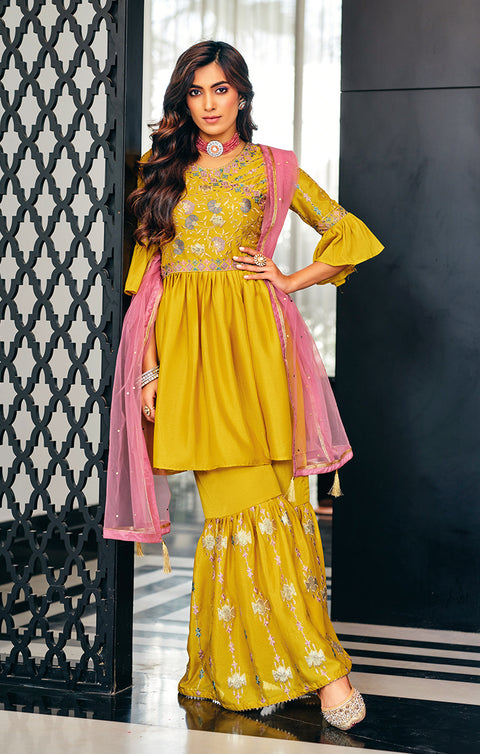 Designer Yellow Color Suit with Sharara & Dupatta in Pure Viscose Georgette & Chinon (K466)