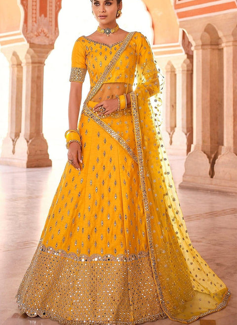 Designer Golden Mustard Benarasi Silk Mirror Embroidery & Stones Work Lehenga Wedding Wear(D132)