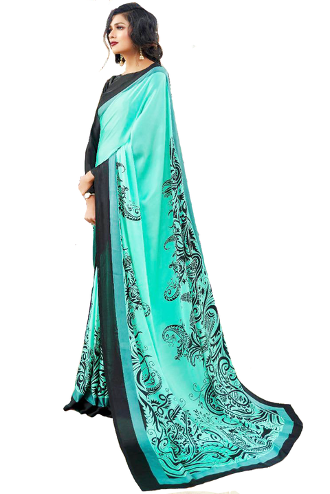 Arctic Blue and Black Pattern Crepe Saree - PAAIE