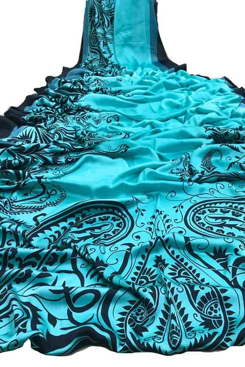 Arctic Blue and Black Pattern Crepe Saree - PAAIE