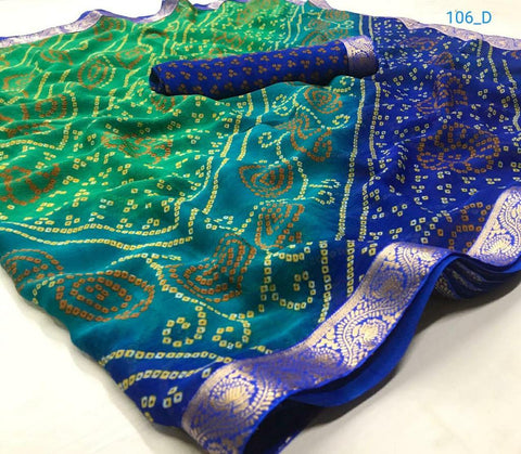 Designer Chiffon Bandhej Green And Blue With Gotta Patti Saree - PAAIE