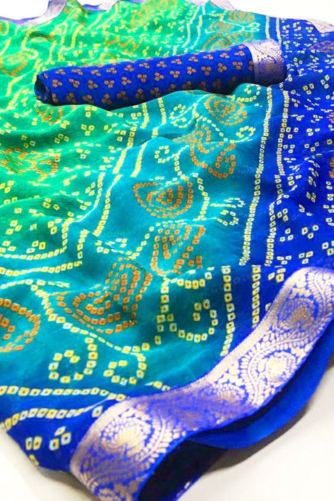 Designer Chiffon Bandhej Green And Blue With Gotta Patti Saree - PAAIE