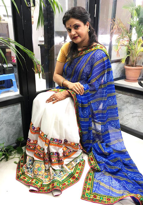 Designer Pure Georgette Saree in Kacchi Gamthi Embroidery Work (Blue/White) - PAAIE