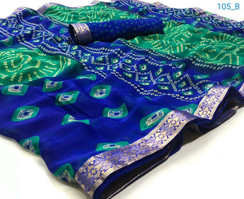 Designer Chiffon Bandhej Green And Blue With Gotta Patti Saree - PAAIE