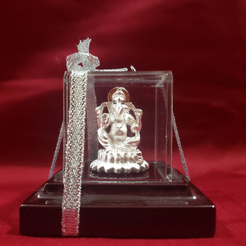 999 Pure Silver Rectangular Ganesha Idol with Orange Headrest - PAAIE