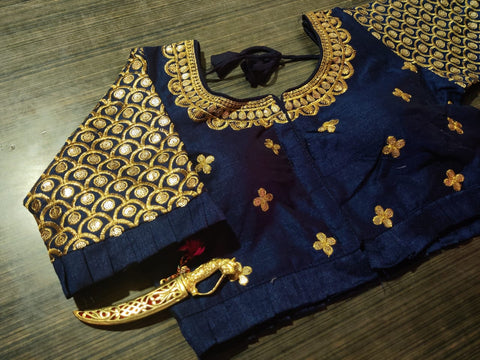 Groovy Navy Blue Designer Silk Embroidered Blouse For Wedding & Party Wear (Design 432) - PAAIE