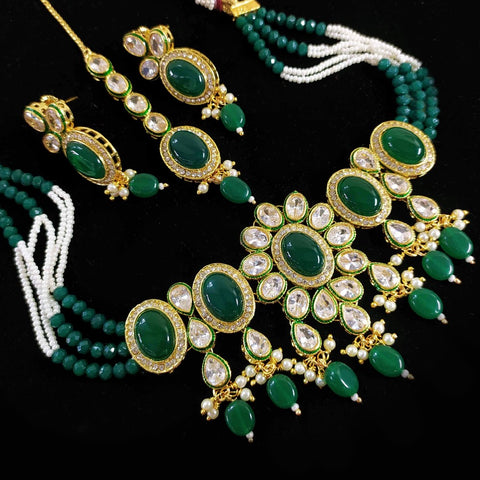 Designer Green Stone & Kundan Beaded Necklace with Earrings (D160)