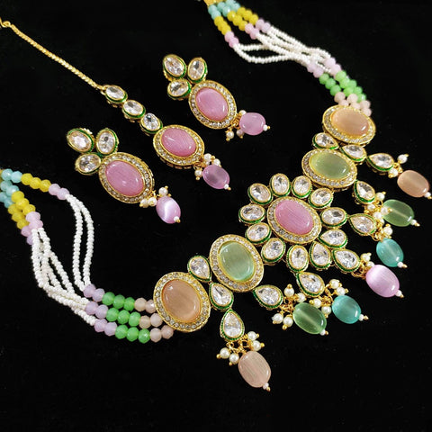 Designer Multi Color Beaded & Kundan Necklace with Earrings (D155)