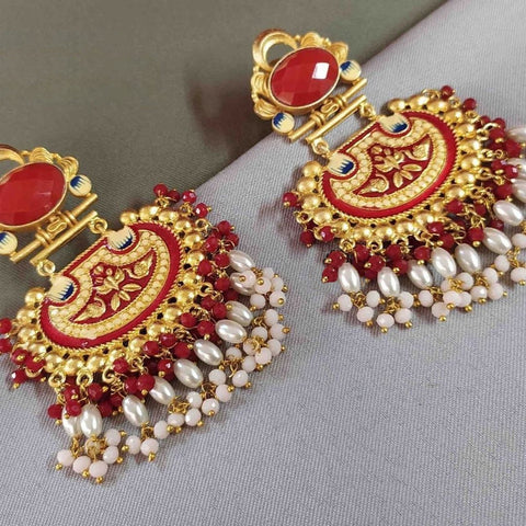 Golden & Red Enameled Pearl Beautifully Designed Amrapali Earrings (E271)