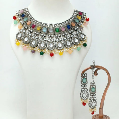 Designer Semi-Precious American Diamond & Multi Color Bid Necklace with Earrings (D317)
