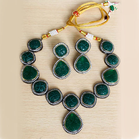 Designer Silver Oxidized & Green Color Monalisa Stone Necklace Set (D312)