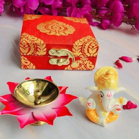 Gift box with Designer Brass Diya and Ganesha Idol