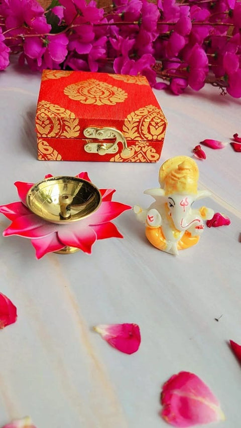 Gift box with Designer Brass Diya and Ganesha Idol