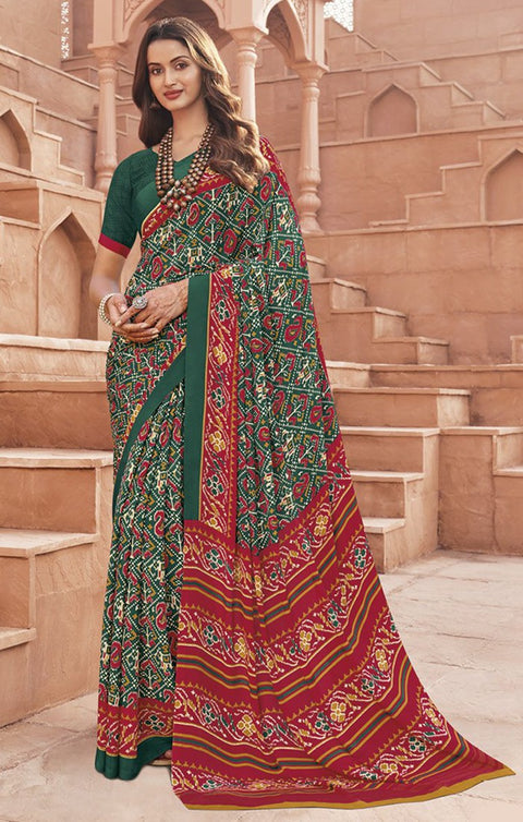 Designer Green & Red Color Printed Saree For Casual & Party Wear (D671)
