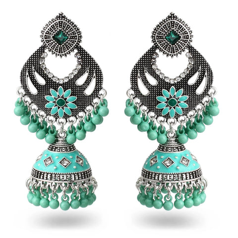 Traditional Style Oxidized Earrings with Green Beads for Casual Party (E606)