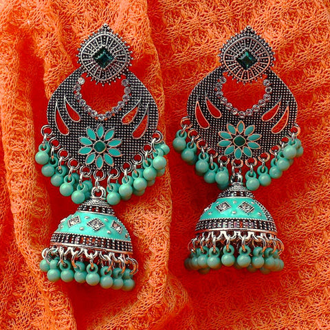 Traditional Style Oxidized Earrings with Green Beads for Casual Party (E606)