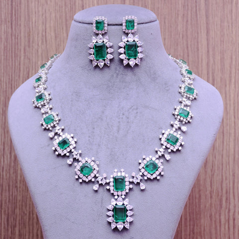 Designer Semi-Precious American Diamond & Emerald Necklace with Earrings (D691)
