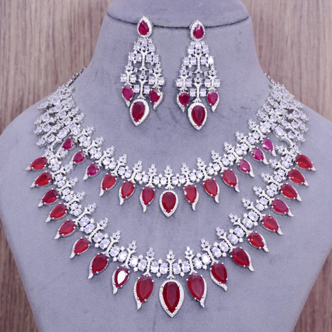 Designer Semi-Precious American Diamond Necklace, Earrings With Ruby Stone (D690)