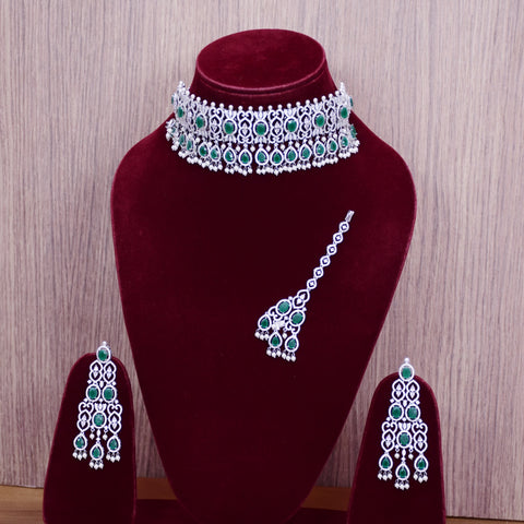 Designer Semi-Precious American Diamond & Emerald Color Choker Style Necklace with Earrings (D687)