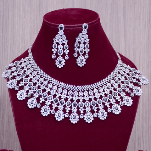 Designer Semi-Precious American Diamond & Black Necklace with Earrings (D682)