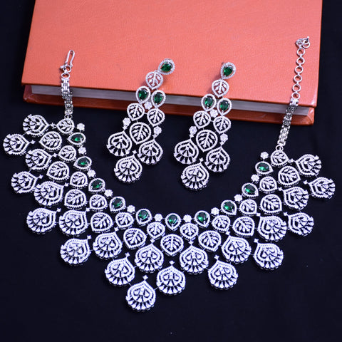 Designer Semi-Precious American Diamond & Green Emerald Necklace with Earrings (D681)