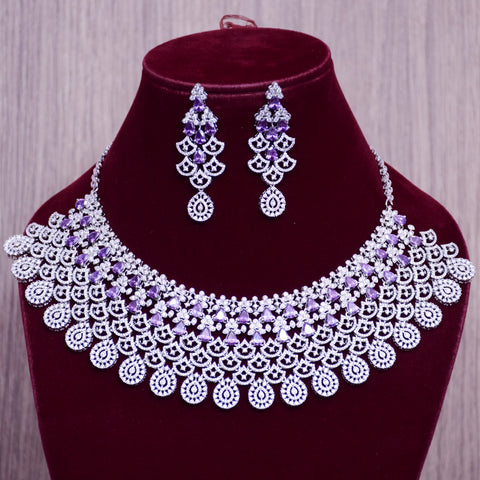 Designer Semi-Precious American Diamond & Purple Necklace with Earrings (D675)