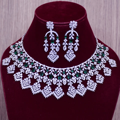 Designer Semi-Precious American Diamond & Emerald Necklace with Earrings (D674)