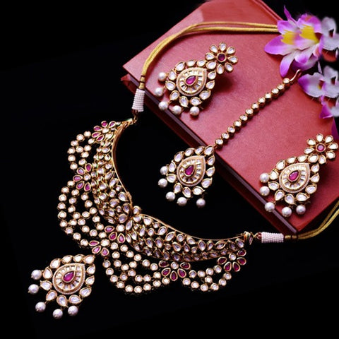 Designer Gold Plated Royal Kundan & Ruby Color Necklace with Earrings